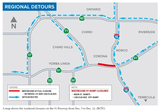 코로나 지역 91번 프리웨이가 주말 동안 아스팔트를 새로 까는 보수 작업 때문에 서쪽방면 차선이 전면 폐쇄된다.