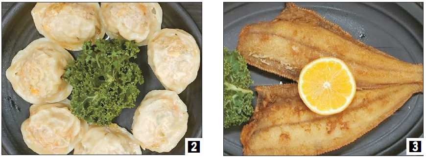 (2)찐 만두. (3)가자미 구이.