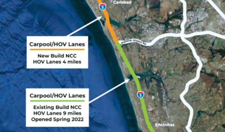 5번 프리웨이상 칼스배드 구간의 '다인승 차랑 전용차선'(HOV) 연장선 4마일이 26일 완전 개통됐다. 지도 상단 오렌지 구간이 이번에 개통된 HOV 연장선 구간. [Caltrans 트위터 캡처]