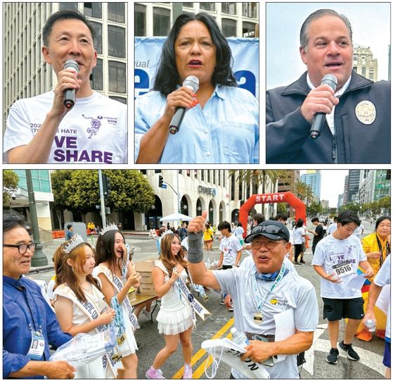 (위 사진 왼쪽부터) 남윤호 중앙일보 대표, 헤더 허트 10지구 시의원, 애런 폰세 올림픽 경찰서장이 축사하고 있다. (아래 사진) 마라톤 완주에 성공한 한 참가자가 응원단의 축하 속에서 엄지를 치켜들고 있다.  김상진 기자