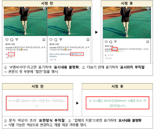 SNS 뒷광고 위반 의심 사례와 시정 유도 후 사례. 위는 인스타그램, 아래는 네이버 블로그다. 사진 공정거래위원회