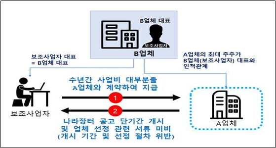 친척이 최대 주주인 회사와 수년간 수의계약 체결을 통한 보조금 부정수급 사례. 자료 기획재정부