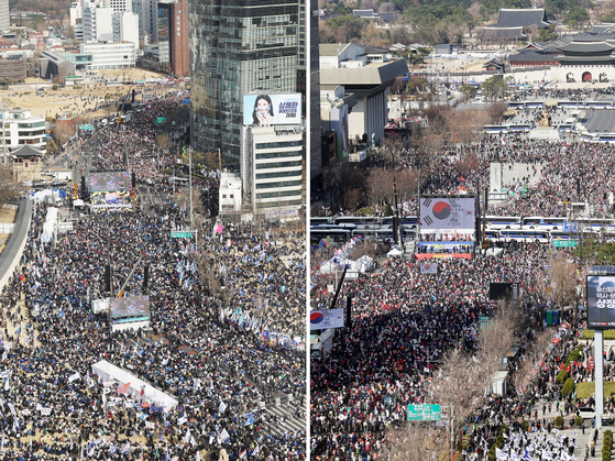  22일 서울 도심에서 32만명 규모의 탄핵 찬성 및 반대 집회가 신고됐다. 사진은 지난 15일 광화문 일대에서 진행된 탄핵 찬성 및 반대 집회. 연합뉴스